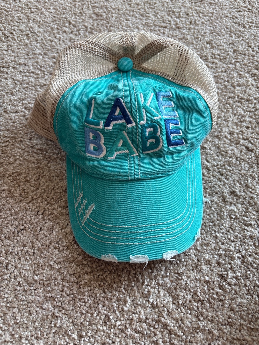 Katydid Lake Babe Teal and Beige Distressed Mesh Trucker Hat